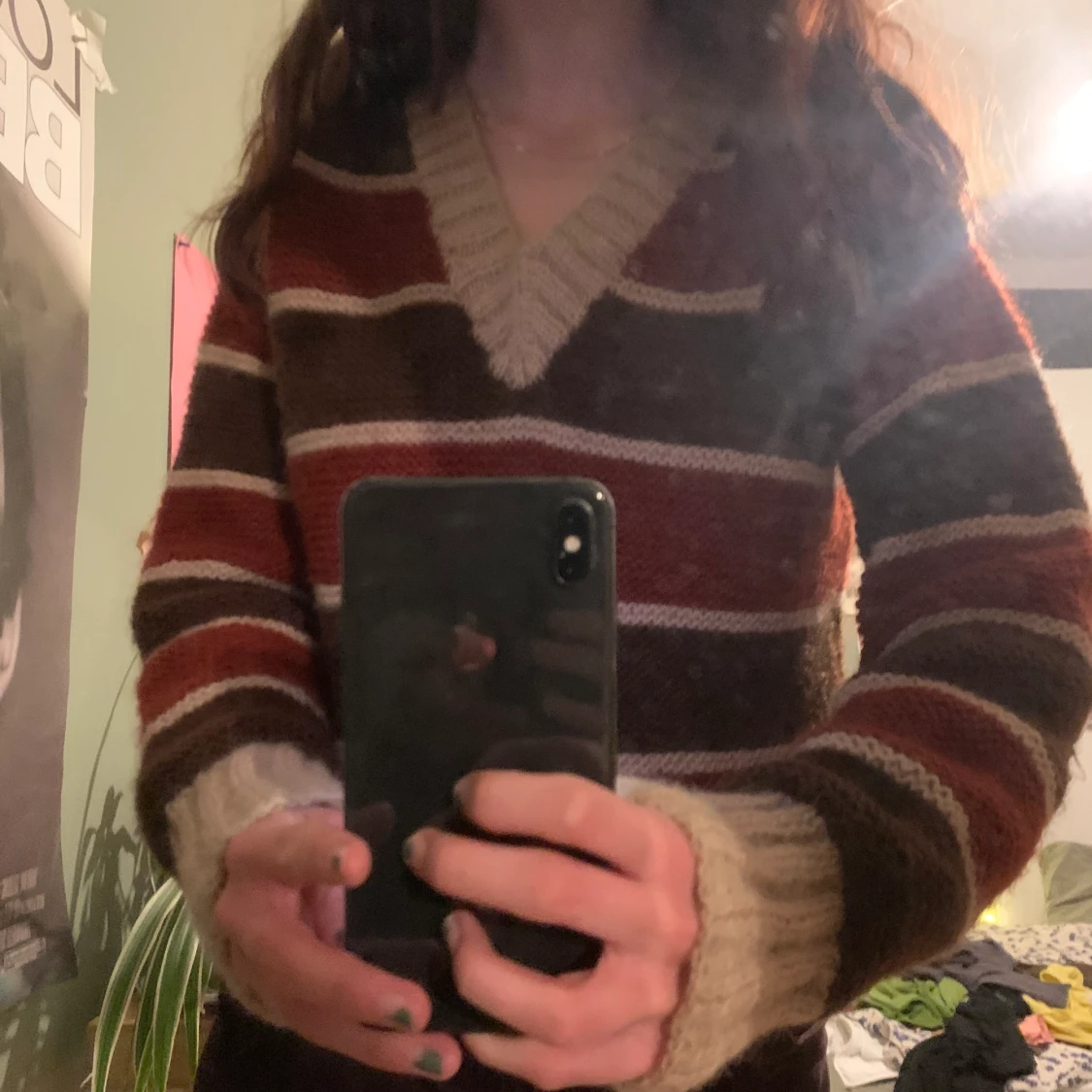 Brun/röd/beigerandig stickad tröja