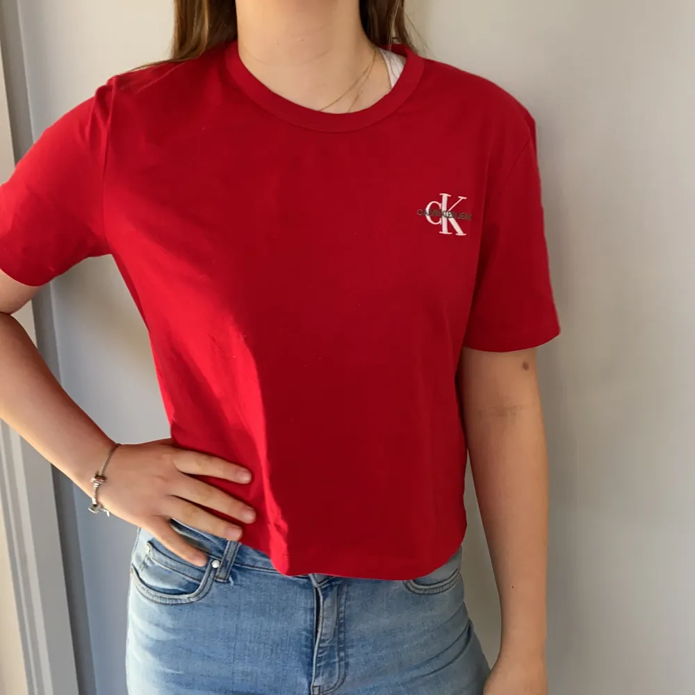 Detta är en kroppad t-shirt från Calvin Klein i en fin röd färg. T-shirten är mjuk och bekväm i materialet och sitter hyfsat löst. T-shirten är använd ett fåtal gånger och är bra skick! Passar perfekt till sommaren.. T-shirts.