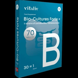 Bio-Cultures Forte Kosttillskott, 30st - Nytt paket Bio-Cultures Forte, 30st i varje paket som innehåller 5 stammar av Lactobacillus + Bifidobacterium. Dessa typer av levande bakterier kan bidra till hälsan i tarmen, som inte bara är det största organet i matsmältningssystemet utan också anses vara vår andra hjärna. Mikrobiota påverkar också immunsystemets och produktionen av neuromediatorer & lyckohormonet serotonin. Ordinariepris, 318;- /st.  FASTPRIS: 125:-