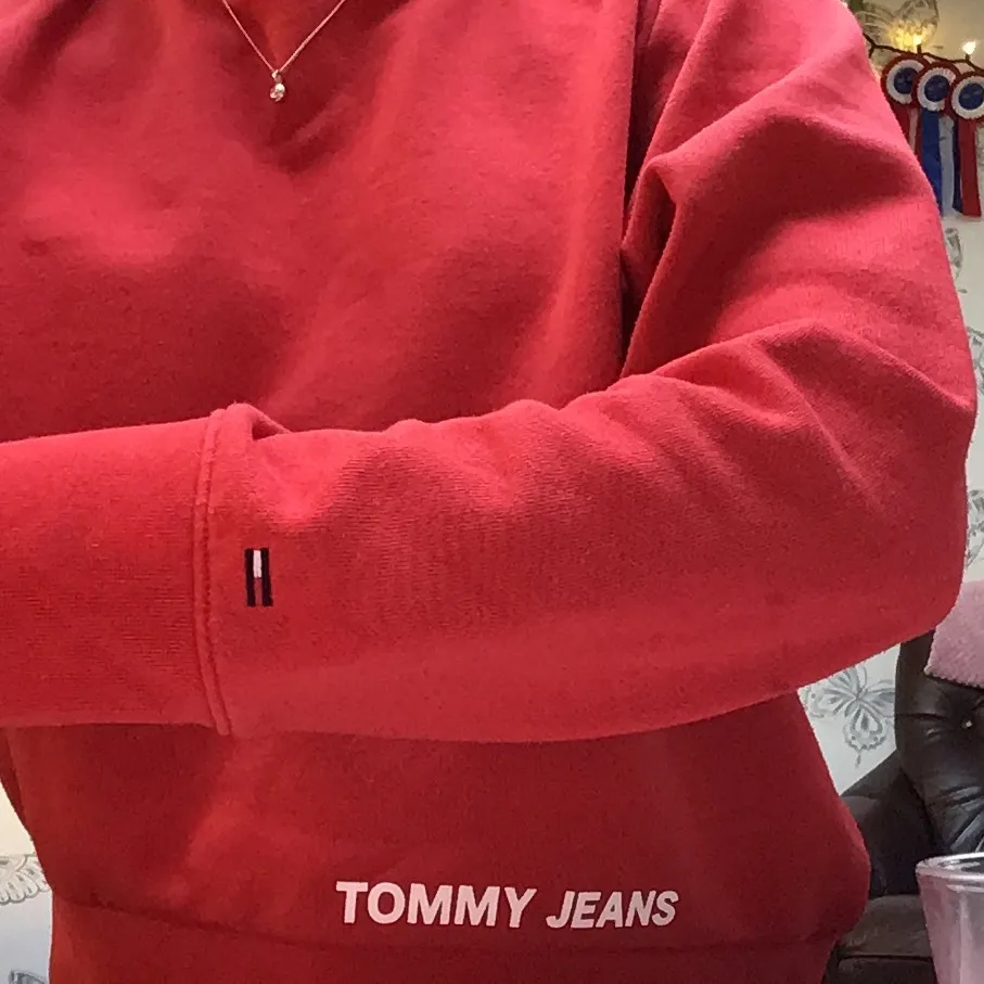 Säljer min röda Tommy Hilfiger Sweatshirt. Fick i julklapp 2019. Har några små mörka färgfläckar på armarna och lite på framsidan. Syns knappt men de går säkert att få bort. Vet inte nypriset men säljer för 150. Hoodies.