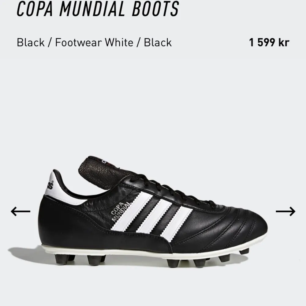 Säljer mina helt nya, oanvända fotbollsskor i Adidas populära modell Copa Mundial på grund av att jag inte spelar längre och därför inte kommer använda dem. Storlek 37 1/3. Nypris 1599kr. Hämtas på Lindholmen, kan mötas upp i centrala Göteborg. Kan skickas men då står köpare för frakten.. Skor.