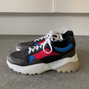 Ett par skor som är använda Max 3ggr, sitter som dom ska och passar strl 39. Svarta skor med blå, röda och vita detaljer. 