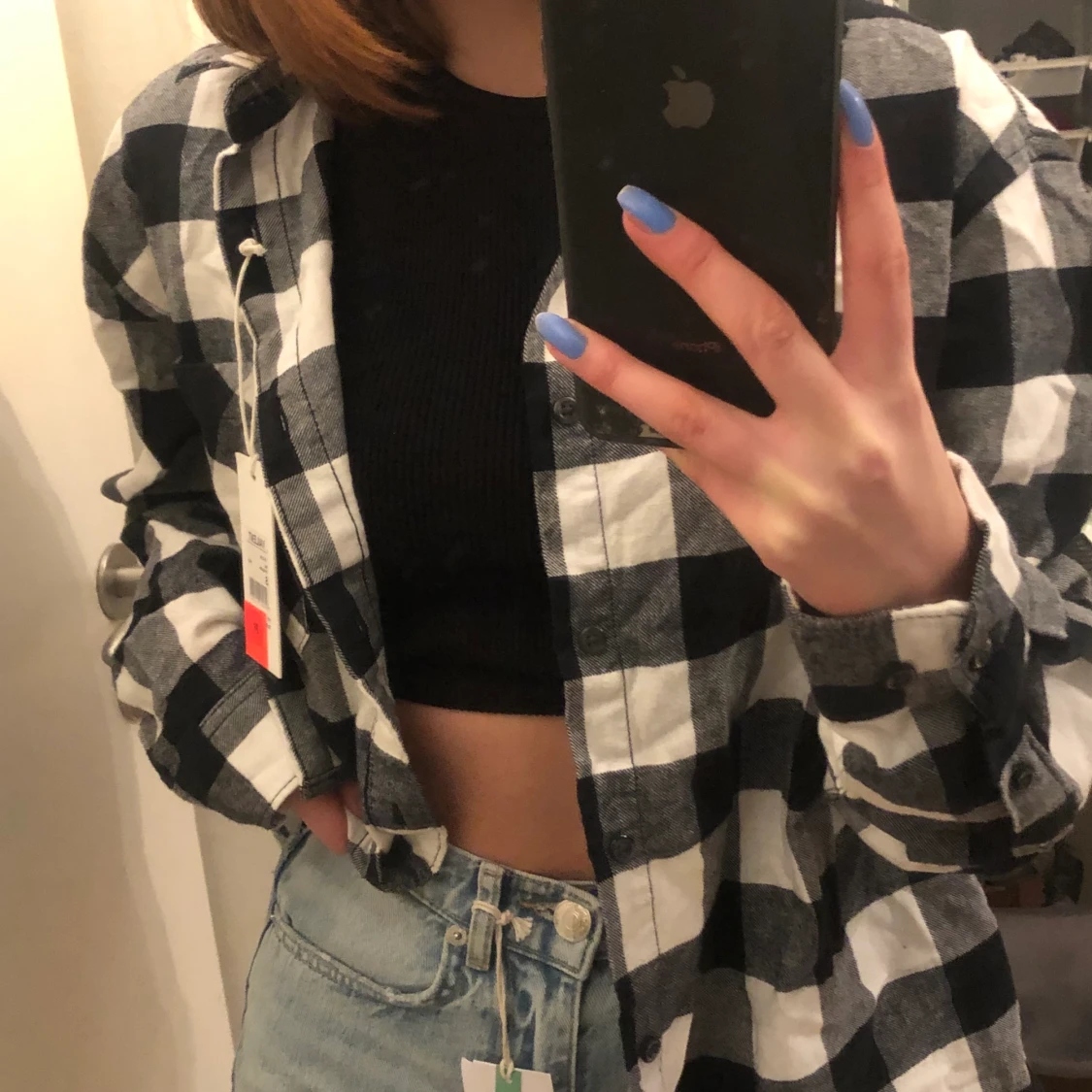 Oanvänd svart vit rutig skjorta - 90