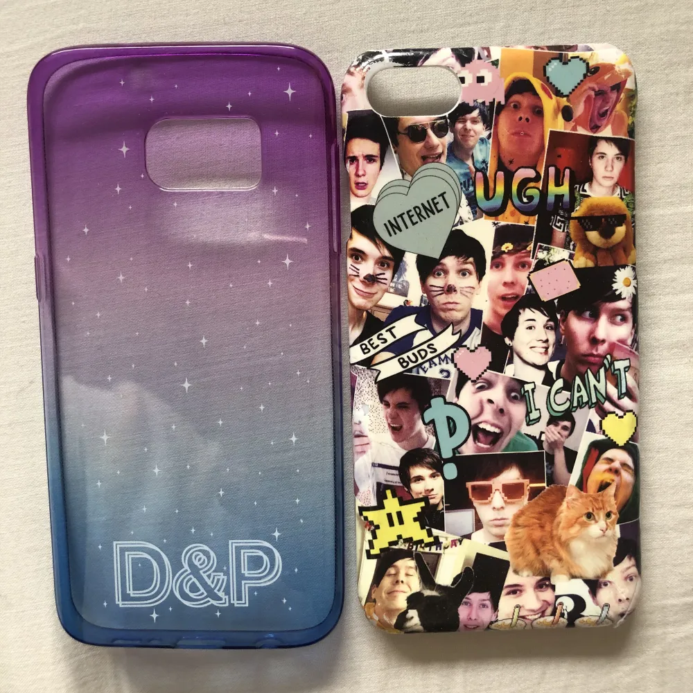 2 mobilskal med Dan & Phil-motiv köpta från deras merch-sida som numera inte finns längre (RIP.) Det mönstrade är till Iphone 7 och kärleksfull använt (smått skav längs kanter) medans det andra är till Iphone 7S och oanvänt.. Accessoarer.