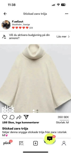 Stickad zara tröja  - Säljer denna populära tröjan ifrån zara i storlek M💓super fin 