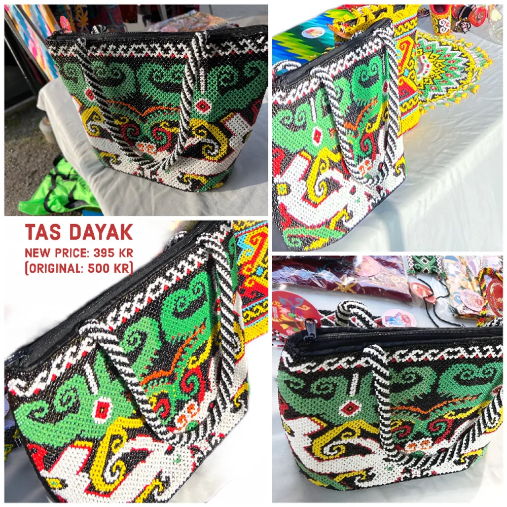 Indonesisk väska, handgjord med vackert monterade pärlor i mönster typiska för Dayak befolkningen. Väskor.