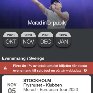 2 MORAD BILJETTER - Jag säljer morad biljetter pga att jag kommer vara utomlands då.  900kr per biljett, STOCKHOLM FRYSHUSET💕