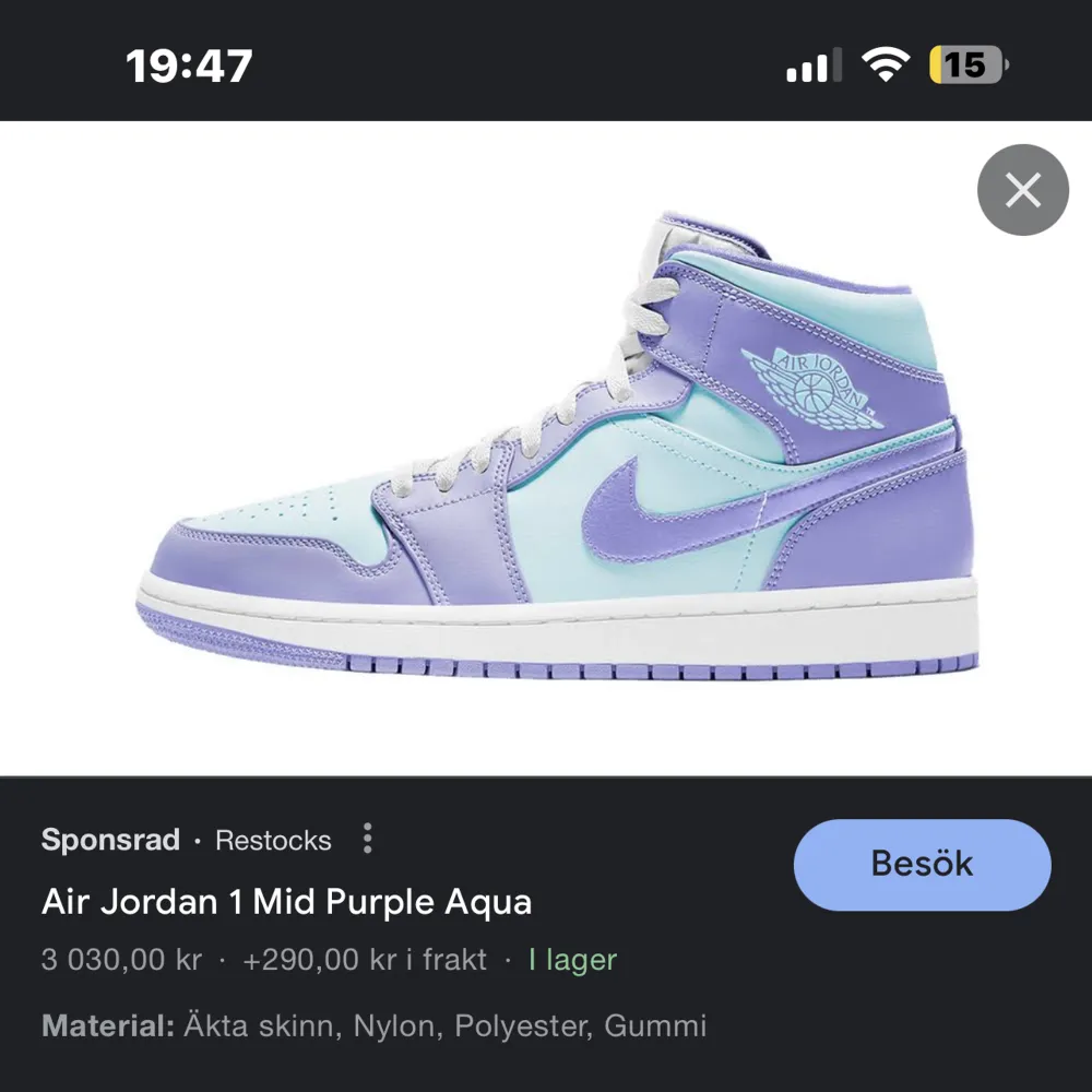 Intressekoll på mina jordans som är köpte förra året på Restocks för 2500kr  Skorna är använda Max 4gånger, hör av er för mer bilder eller frågor❣️(pris kan diskuteras) tar bara emot Swish . Skor.