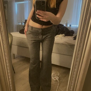 Lågmidjade kostymbyxor  - Säljer dessa galet snygga lågmidjade kostym byxorna fårn Zara. Finns ej att köpa längre. Jag har sytt upp dem själv en gång då dem var för lång för mig då. Funkar därför till alla längder typ. Dem är i grå brun färg. 