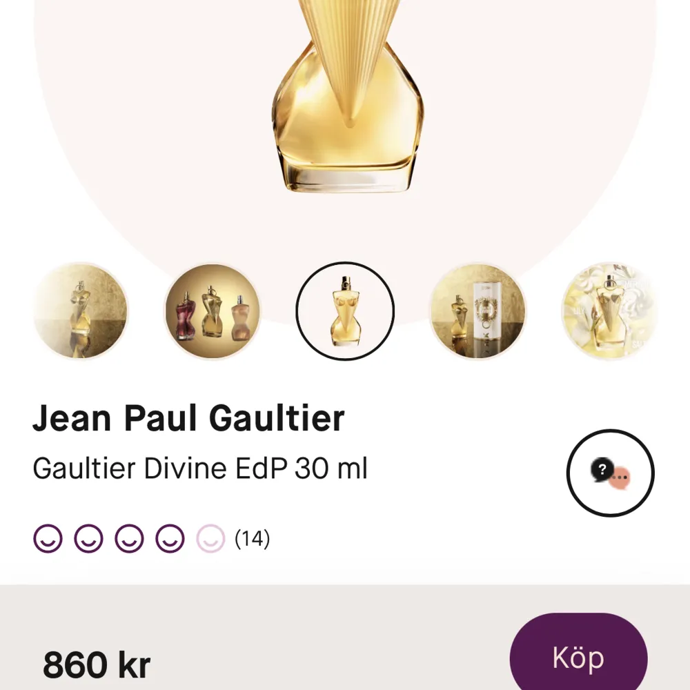 Nya Jean Paul Gaultier  Gaultier Divine EdP . Använd 3 sprut som ny . Trodde jag skulle älska den men blev för mycket. Slängt burkkartongen . Den ser ut som den är använd mycket men den är själv så fylld precis över brösten när den öppnades. Övrigt.