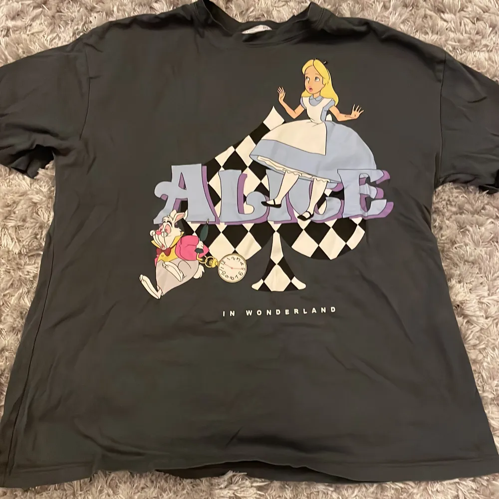 Säljer min t-shirt med Alice in wonderland tryck fram och på ryggen. Andvända bara några gånger.. T-shirts.