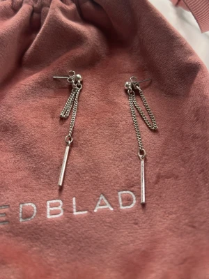 Silverfärgade kedjeörhängen  - Säljer ett par stilrena örhängen från  i silverfärg. Örhängena har dubbla tunna kedjor och en minimalistisk stav som hänger ner. Perfekta för dig som gillar en enkel men trendig look.