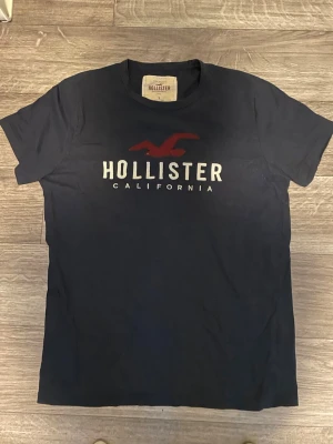 Marinblå Hollister t-shirt - Snygg marinblå t-shirt från Hollister med stort tryck på bröstet i vitt och vinrött. Klassisk rund hals och korta ärmar. Perfekt till jeans eller shorts för en avslappnad stil.