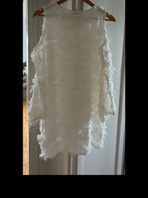 Vit kortklänning med fransar - Säljer en vit kortklänning med coola fransdetaljer över hela klänningen. Klänningen är ärmlös och har en rak passform som ger en modern look. Perfekt för dig som vill sticka ut med en unik och trendig stil. 