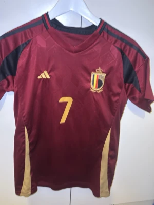Belgien matchtröja De Bruyne #7 - Snygg vinröd Belgien matchtröja med De Bruyne och nummer 7 på ryggen. Tröjan har gula detaljer, svarta inslag på axlarna och Belgien-emblemet på bröstet. Tillverkad i ett lätt och ventilerande material, perfekt för fotbollsträning eller match.