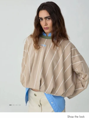 Beige oversized hoodie med ränder - Säljer en beige oversized hoodie med vita diagonala ränder och grön ribbad krage. Hoodien har en avslappnad passform och ett litet blått broderat märke framtill. Perfekt för en chill och trendig look.