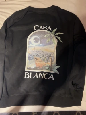 Svart sweatshirt Casa Blanca print - Svart sweatshirt med stort färgglatt Casa Blanca-tryck på ryggen och mindre tryck framtill. Motiv med palmer, stad och måne i pastellfärger. Rund halsringning och ribbade muddar. Perfekt för dig som gillar streetwear och unika prints.