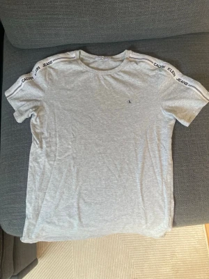 Ljusgrå t-shirt från Calvin Klein Jeans - Säljer en ljusgrå t-shirt från Calvin Klein Jeans med logga på bröstet och text längs axlarna. T-shirten har rund hals och korta ärmar. Perfekt till ett avslappnat streetwear-look.