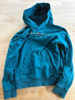 Blå hoodie från Tommy Hilfiger - Snygg blå hoodie från Tommy Hilfiger med broderad logga och text på bröstet. Klassisk känguruficka framtill, ribbade muddar och huva. Perfekt för en avslappnad och trendig stil. Materialet känns mjukt och bekvämt.