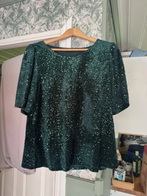 Grönt paljettset med topp och byxor - Säljer ett glittrande set med topp och byxor i mörkgrönt tyg täckt av paljetter. Toppen har rund hals och korta ärmar, byxorna är raka och vida. Perfekt för dig som vill sticka ut med en festlig look. Materialet känns mjukt och stretchigt. 