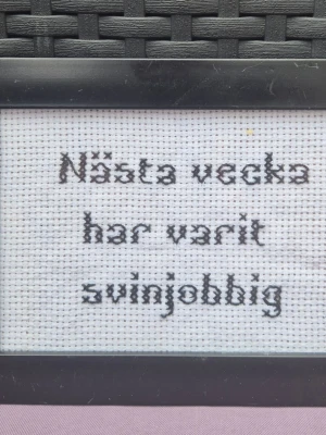 Tavla med busigt broderi  - En broderad tavla med svart text på vit bakgrund där det står 'Nästa vecka har varit svinjobbig'. Tavlan är inramad med en svart ram och har ett humoristiskt budskap. Perfekt som dekoration eller present till någon med glimten i ögat.