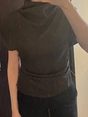 Brun topp med hög krage - Säljer en brun topp med hög krage och korta ärmar. Toppen har en markerad midja och dragkedja i ryggen. Snygg och stilren modell som ger en cool siluett.