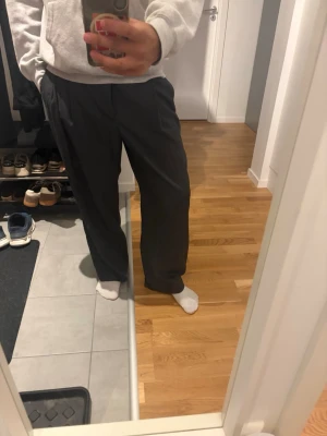 Gråa loose fit kostymbyxor H&M - Säljer ett par gråa kostymbyxor från H&M i loose fit-modell. Byxorna har en avslappnad passform med raka ben och klassisk midja. Perfekta för en stilren och modern look. Materialet känns mjukt och bekvämt.