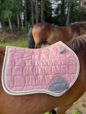 Rosa schabrak från Trinity - Säljer ett snyggt rosa schabrak från Trinity med grå och vit kant. Schabraket har quiltat mönster och grå förstärkning vid sadelgjorden. Perfekt till ridning och ger en fräsch look till din häst.