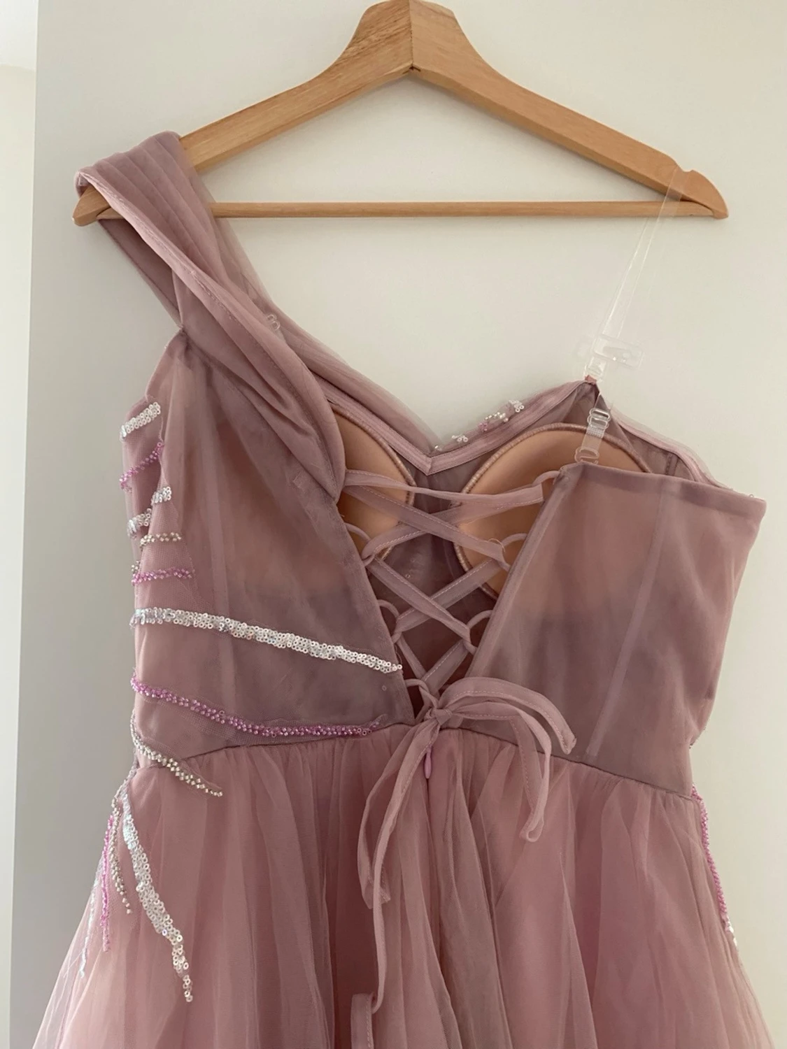 Lång rosa oneshoulder klänning - 3