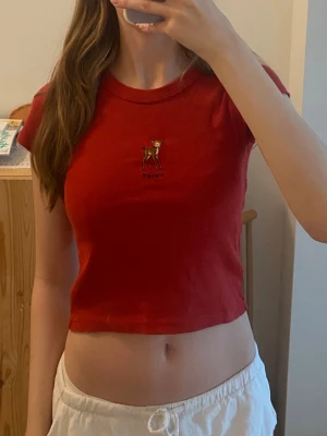 Röd baby tee med rådjur från Brandy Melville - Jättesöt baby tee. Toppen har ett broderat rådjur och ”Swiss” på. Köpt för nästan två år sen, men använd ett fåtal gånger så är i väldigt bra skick 🌸Säljer då jag inte har fått så mycket användning för den. Syns inte särskilt bra på bilden men toppen är från Brandy Melville och passar storlek xs-s 💗
