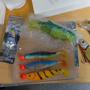Fiskedrag och beten mixpack - Säljer ett mixpack med fiskedrag och beten i olika färger och former. Inkluderar mjuka jiggar i grönt, blått, gult och orange samt hårda wobblers i silver och röd-gul. Perfekt för dig som gillar fiske och vill ha variation i beteslådan.
