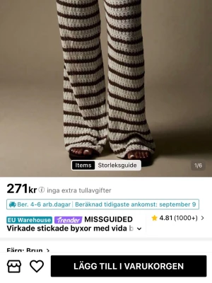 Virkade vida leggings med ränder - Säljer ett par virkade leggings från Missguided med vida ben och bruna och vita horisontella ränder. Byxorna har dragsko i midjan och är tillverkade i ett stickat material som ger en bohemisk och trendig look.