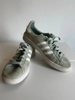 Adidas Campus ljusgröna sneakers - Säljer ett par Adidas Campus sneakers i ljusgrönt mocka med klassiska vita ränder på sidorna och vit sula. Skorna har lågt skaft och snörning framtill. Perfekta för dig som gillar en clean och stilren look. Mintgröna