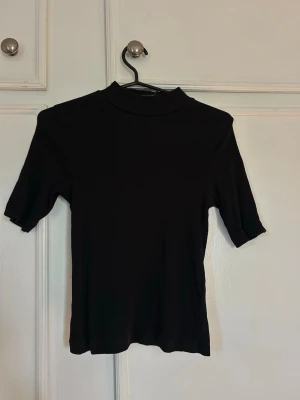 Svart polotopp med kort ärm - En stilren svart polotopp med korta ärmar och hög krage. Toppen har en slim passform och är tillverkad i ett mjukt, stretchigt material som sitter snyggt på kroppen. Perfekt att matcha med jeans eller kjol för en clean look.