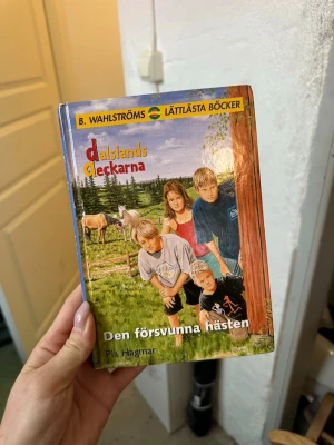 Den försvunna hästen - Dalslandsdeckarna - Spännande bok ur serien Dalslandsdeckarna av Pia Hagmar. Omslaget visar fyra ungdomar i en grön skogsmiljö med hästar i bakgrunden. Boken har hårda blå pärmar och ingår i B. Wahlströms Lättlästa Böcker.