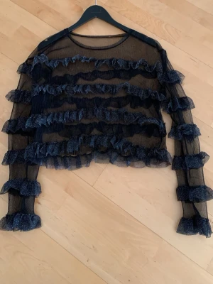 Svart mesh topp med volanger - Säljer en transparent svart mesh topp med långa ärmar och flera rader glittriga volanger. Toppen har en croppad passform och är perfekt för dig som vill sticka ut med en unik och trendig stil.
