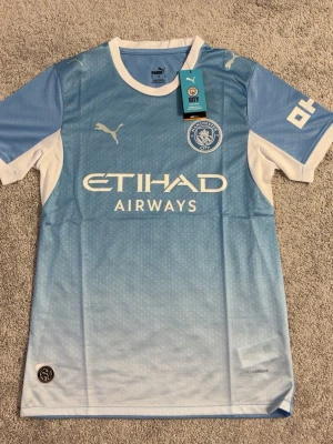 Manchester City matchtröja Puma - Snygg ljusblå Manchester City matchtröja från Puma med vita detaljer och klubbmärke på bröstet. Tröjan har Etihad Airways-tryck på framsidan och är tillverkad i ett lätt, snabbtorkande material. Perfekt för fotbollsträning eller att bära till vardags.