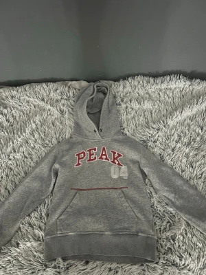 Grå hoodie med PEAK-tryck - Snygg grå hoodie med huva och magficka. På bröstet står det PEAK i rött och siffran 04 i vitt. Hoodien har ribbade muddar vid ärmslut och nederkant samt dekorativ söm vid fickan. Perfekt för en avslappnad och sportig stil. I storlek 146-152