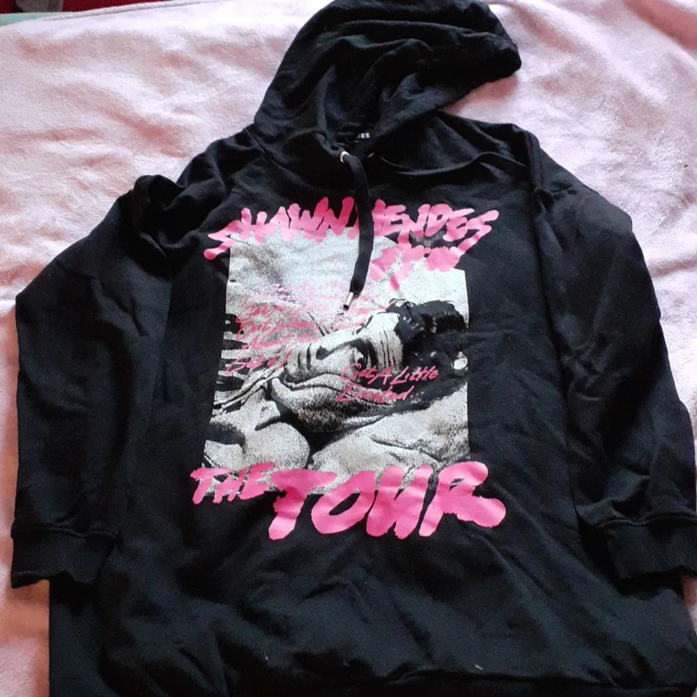 En hoodie från HM i strl L. Lite längre hoodie så man skulle kunna ha den som klänning om man så skulle önska. Det är ett tryck av Shawn mendes på framsidan och lite av hans låtar där bak . Hoodies.