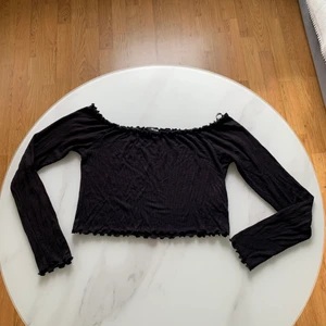 Off-shoulder topp från BikBok - Svart off-shoulder topp från BikBok. Storlek L men den är mer som en S/M. Passar alltså XS-M främst, men beror på hur man vill att den ska sitta.  Elastisk och stretchig runt armarna och hals/nacke. Litet hål vid ena armhålan, men det är inget som märks. Frakt tillkommer.