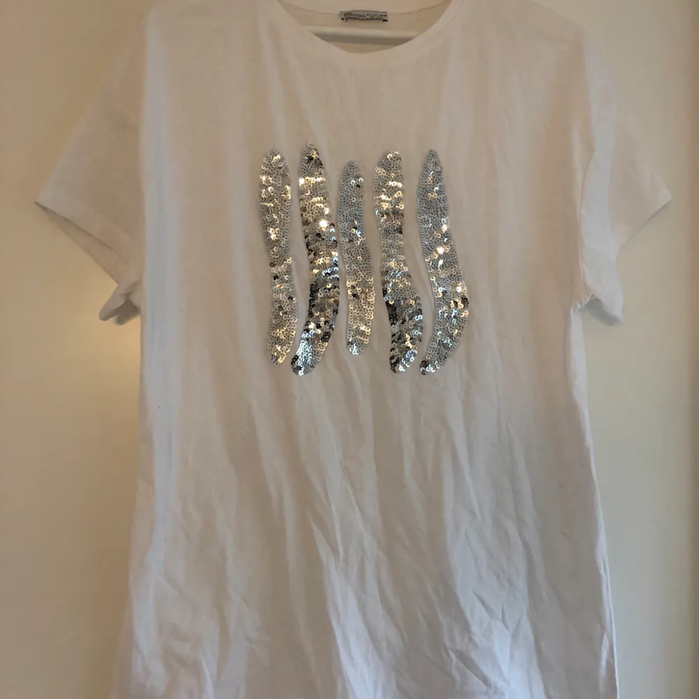 T-Shirt från Zara i storlek L med paljetter på. True to size men funkar även som oversize om man är mindre storlek ✨. T-shirts.