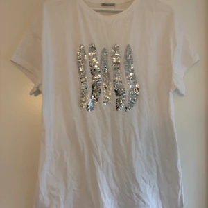 T-shirt Zara strl L - T-Shirt från Zara i storlek L med paljetter på. True to size men funkar även som oversize om man är mindre storlek ✨