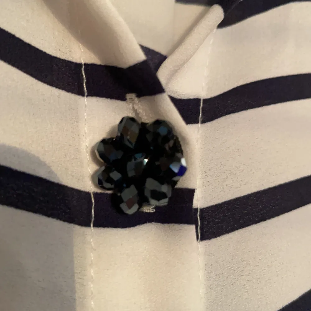 Lätt genomskinlig blus/skjorta från Zara. Vit med blå ränder och strassblommor som knappar.. Blusar.