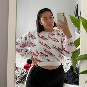 H&M sweatshirt med motiv Storlek L - Sweatshirt / tröja från H&M. Vit med blå/röda motiv. Kort passform. Använd få gånger. Bär vanligtvis storlek M/L på överdelar och är 172 cm lång.