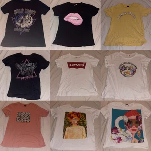 9 st t-shirts  - 9 st t-shirts från gina, zara, hm och Levis. ✨  Alla är i storlek s för utom den me tigern på som e i xs och reval tour superpower är i M men funkar som s.❤️✨ 30 kr styck 3 för 70 kr❤️ Du står för frakt 