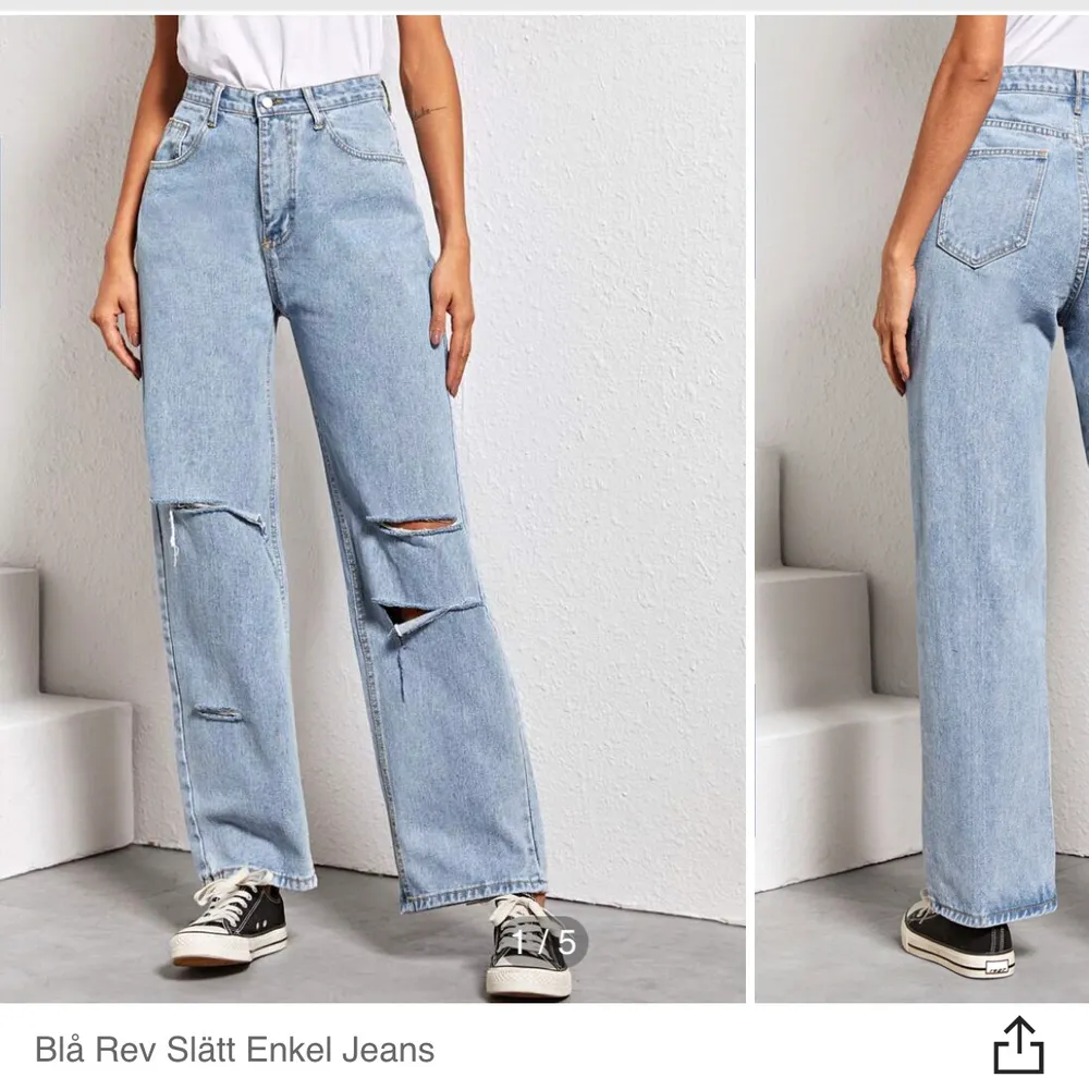 Ljusblå jeans med rips från shein. Köpt för 280, säljer för 100. Ger jättefin figur! Säljer då de ej kommer till användning, frakt 63kr 💖. Jeans & Byxor.