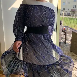 French Navy dress with patterns, off shoulder, see through, ballon sleeved, can be styled differently, this is how I style it, it is M can be worn by those who are a size smaller. 