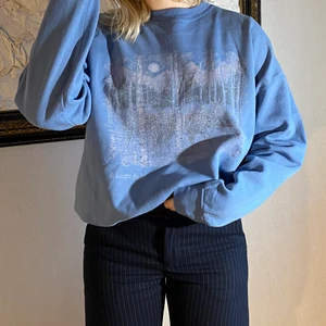 Chosen Vintage Sweatshirt - Blå sweatshirt med tryck. Sitter som en M. Inga tydliga defekter, något slitet tryck vilket bara är snyggt och en liten fläck på ärmen. 