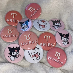 Pins - hello Kitty & stjärntecken zodiac - Eftersom att det var hög efterfrågan på dessa så har jag bestämt mig att sälja de🌸 10kr/styck + frakt <alternativt> att man köper ett plagg och får gratis🎀 har flera motiv i andra inlägg!