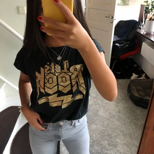 tshirt med tryck - svart t-shirt med guldigt tryck på framsidan, köpt på raglady. använd fåtal gånger och säljs i bra skick. stl XS, pris 100kr